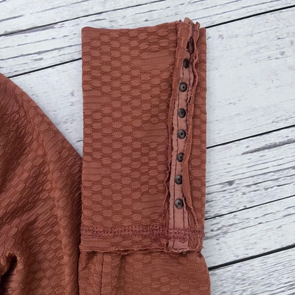FREE PEOPLE Textured Ruched‎ Cinch Wrap Top Rust Brown Boho Chic Hippie Size S